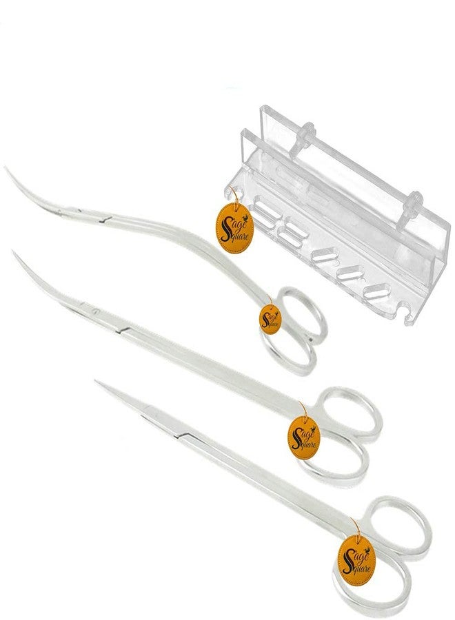 Sage Square Jumbo Size Professional Aquarium Tongs Scissor Long Stainless Steel Tool for Fish Tank, Aquatic Plant Cleaning (Curve, Wave & StraightScissor with Acrylic Rack) - Image 1